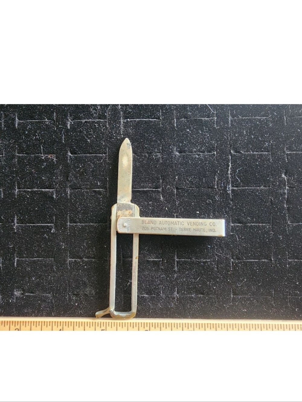 Vintage Advertising Pocket Knife Tri Fold Swinger Used Bland Vending Terra Haute